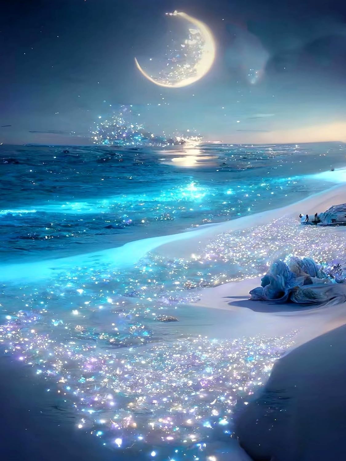 ZIBUYU® Beach Diamond Art Painting by Number Kits 30x40cm Seaside Night Moon 5D DIY Round Diamond Painting for Adults, Home Wall Decor, Includes Extra Beads & Tools, Gift for All Ages