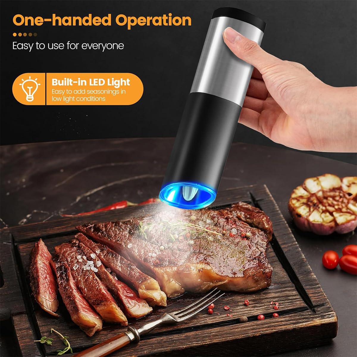 HASTHIP Electric Pepper Grinder with LED Light and Ceramic Core | Battery Operated Adjustable Coarseness