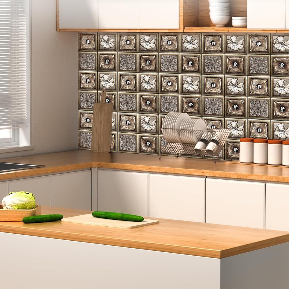 HASTHIP 3D Wall Stickers for Home Decor with 6pc 27.5 in Square Beige Wood Texture Panels