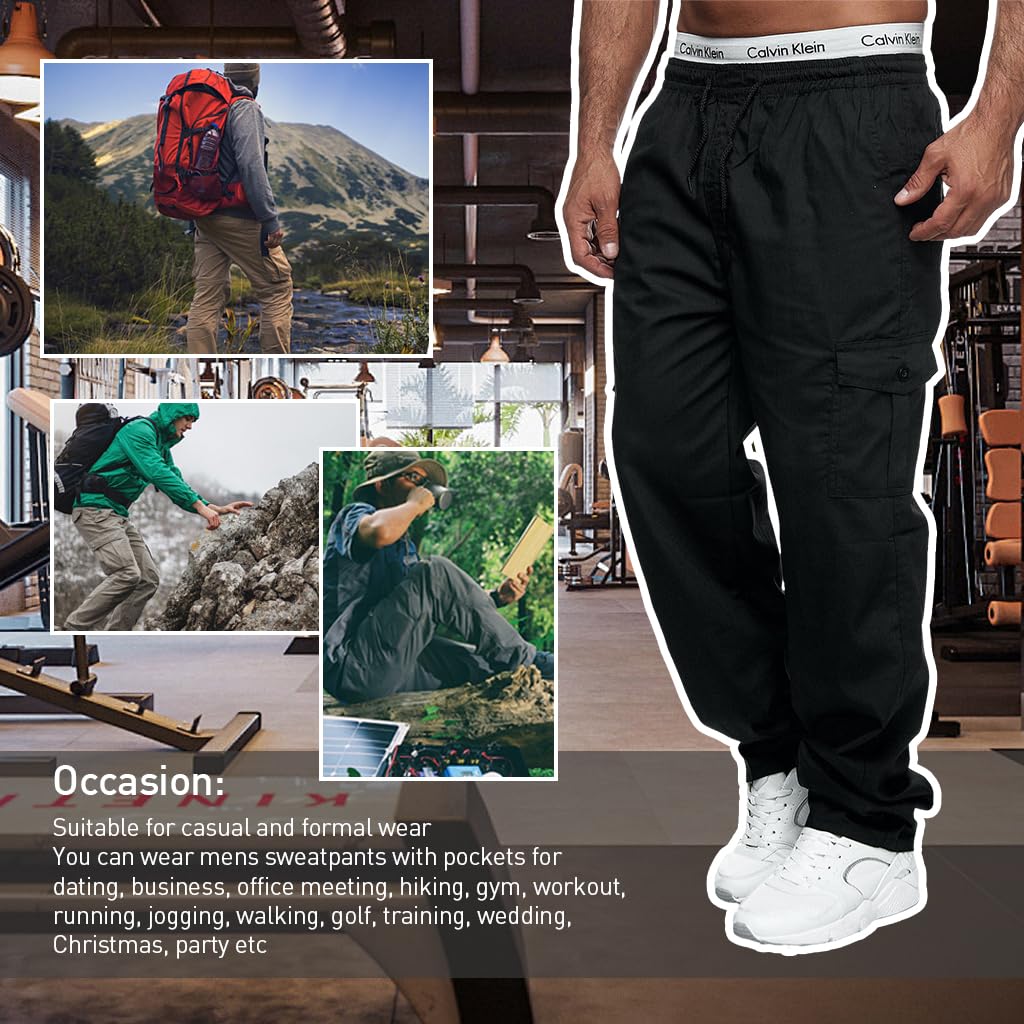GUSTAVE Cargo Pants for Men with 80cm Elastic Waist and Multi Pockets | Polyester Loose Fit Black Trousers