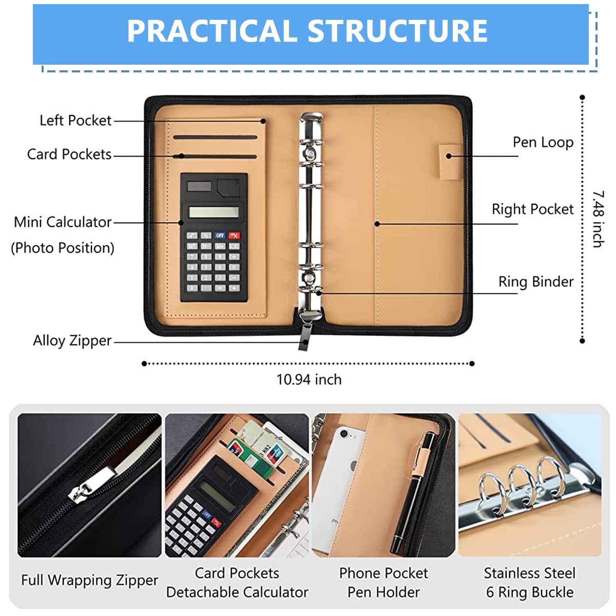 HASTHIP® Leather File Folder for Documents Ring Binder Notebook Set, A6 Binder Clip Budget Notebook with Budget Sheet, Transparent Envelopes, Calculator, Cash Pocket, Multilayer A6 Notebook Folder