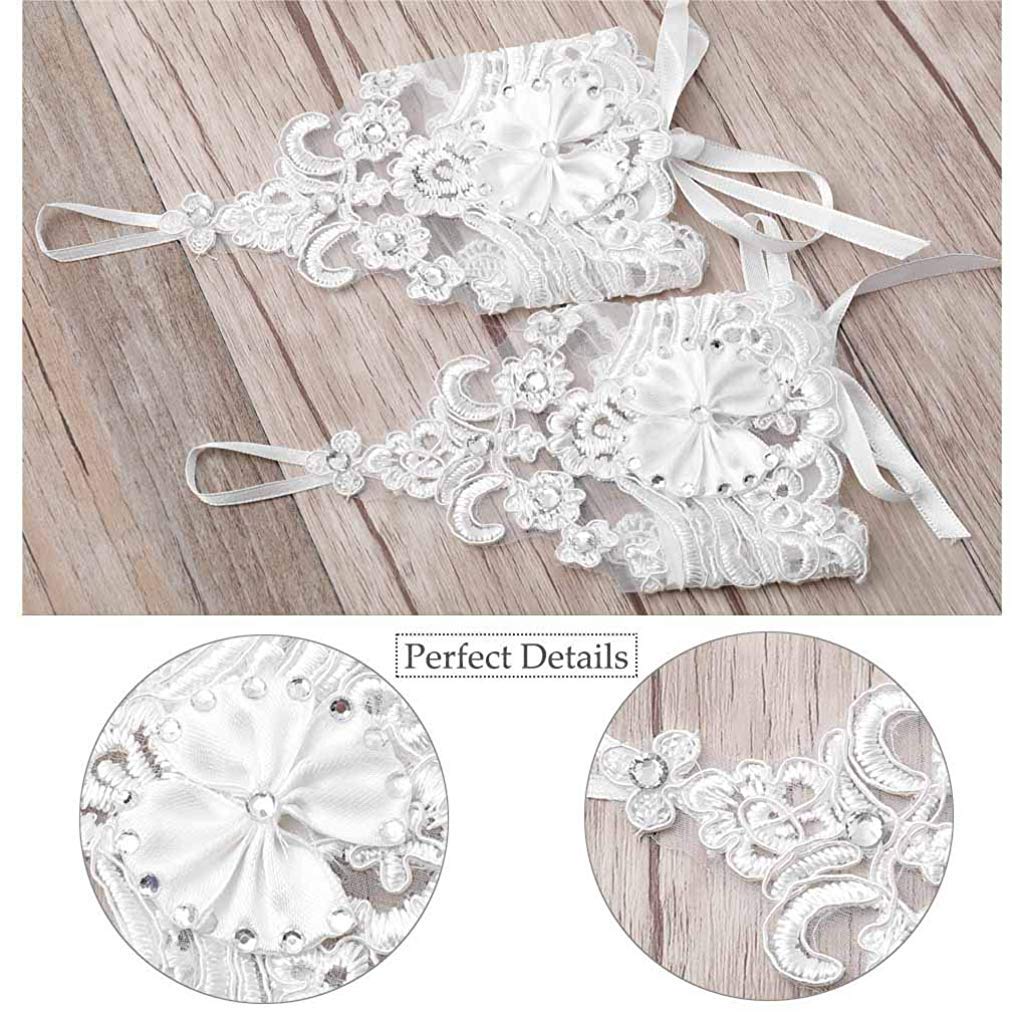 PALAY Bridal Gloves White for Wedding Lady Formal Banquet Party Bride Bowknot Rhinestone Pierced Lace Wedding