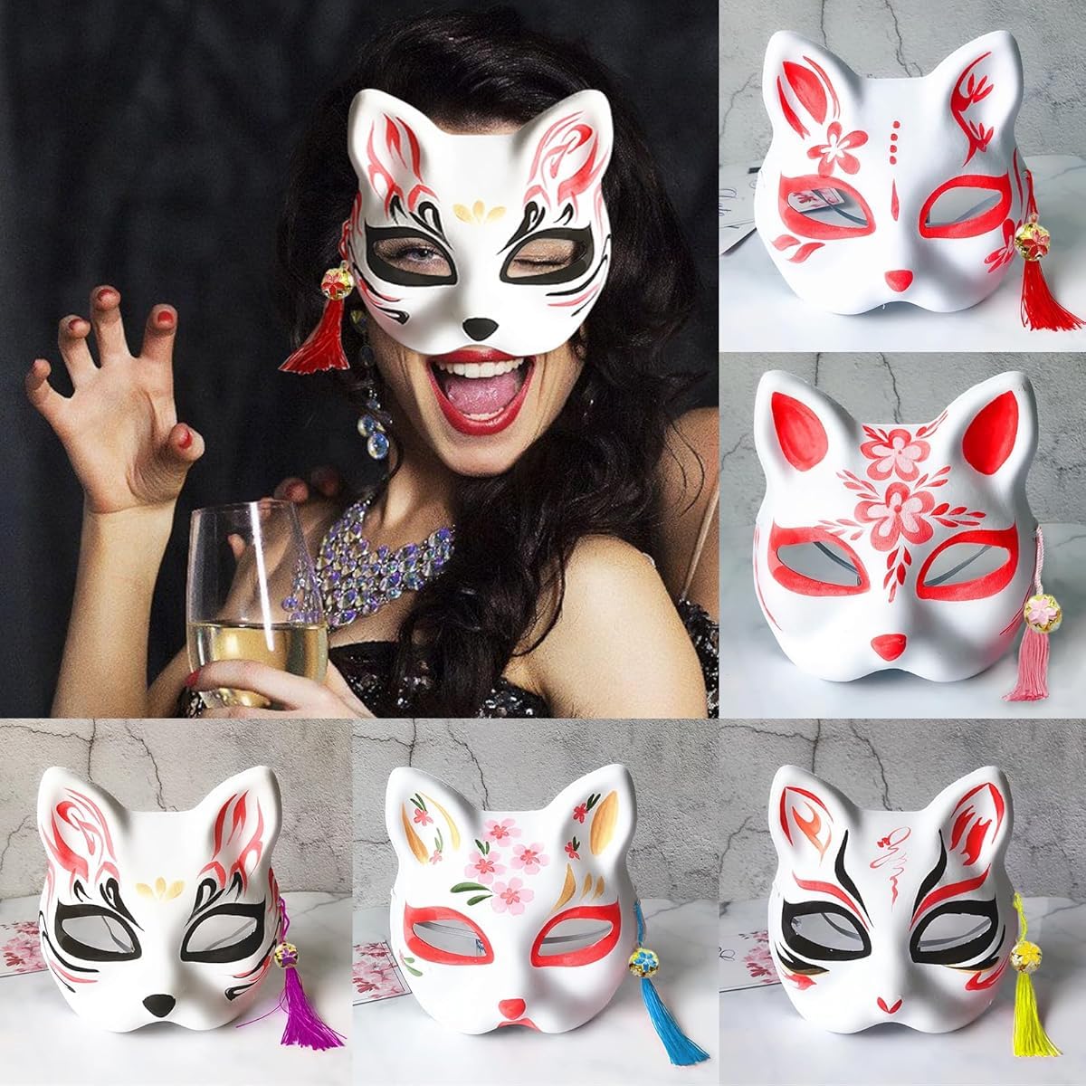 PATPAT® 5pcs Cat Mask, Blank DIY Halloween White Graffiti Cat Masks Graffiti Masquerade Mask Halloween DIY Face Mask with Acrylic Paints, Brush Pens, Tassle Charms & Sakura Bell Charms