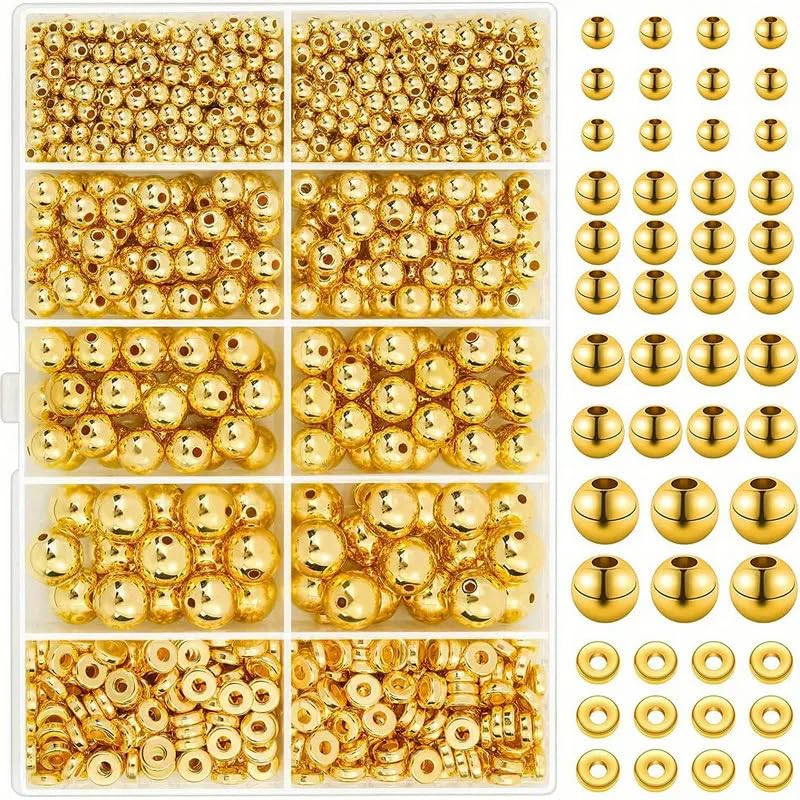 SANNIDHI® 1000Pcs Golden Beads for Bracelet Making, Round Spacer Beads for Jewelry Making, 4/6/8/10mm Smooth Beads Spacer Rings, Resin Loose Ball Beads Kit for DIY Craft