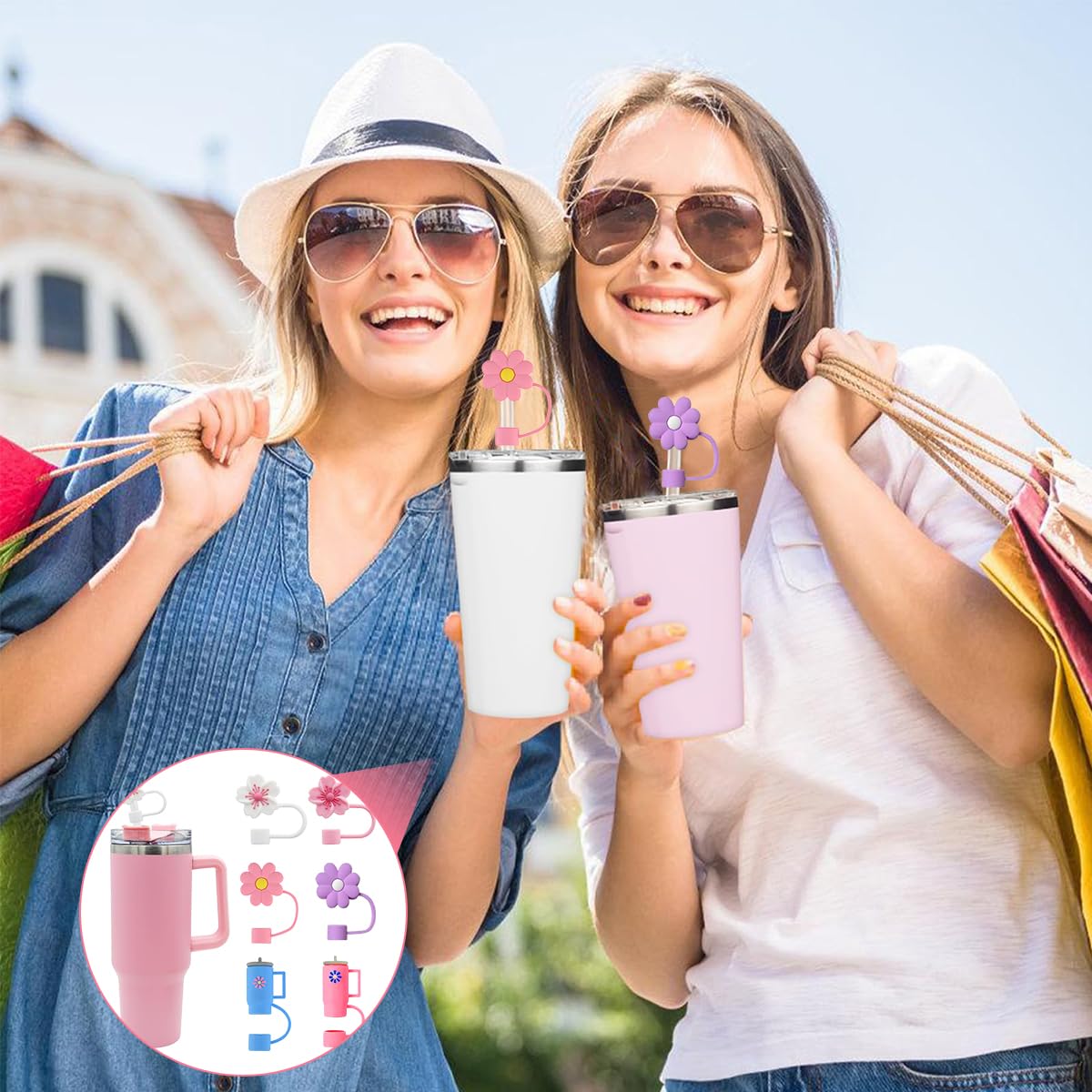 ZIBUYU Straw Cap for Stanley Cup featuring Anti Lost Loop and 6pcs Soft Silicone Tips | Cute Floral Dustproof Covers for 10mm Straws