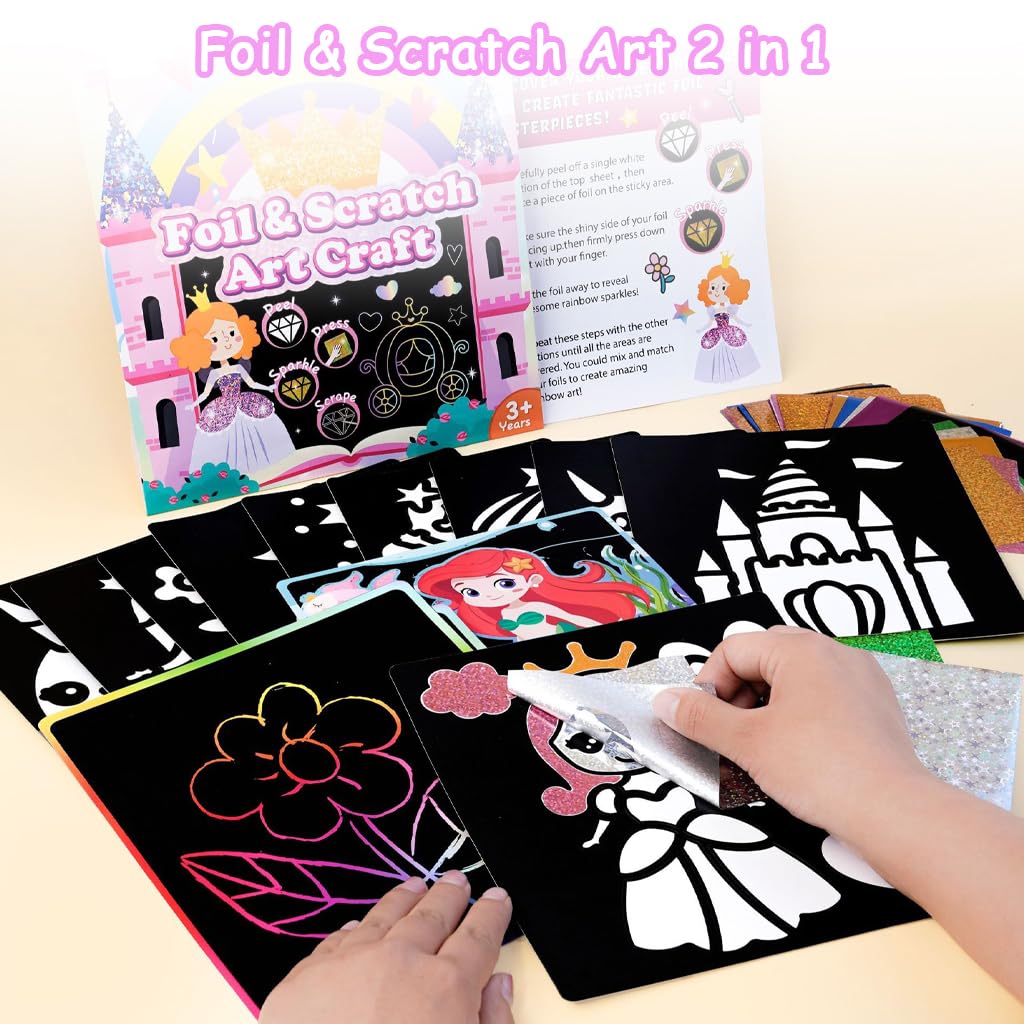 PATPAT DIY Foil and Scratch Kit for Kids with 12 Art Sheets and 80 Glitter Papers | 2 in 1 Creative Craft Set