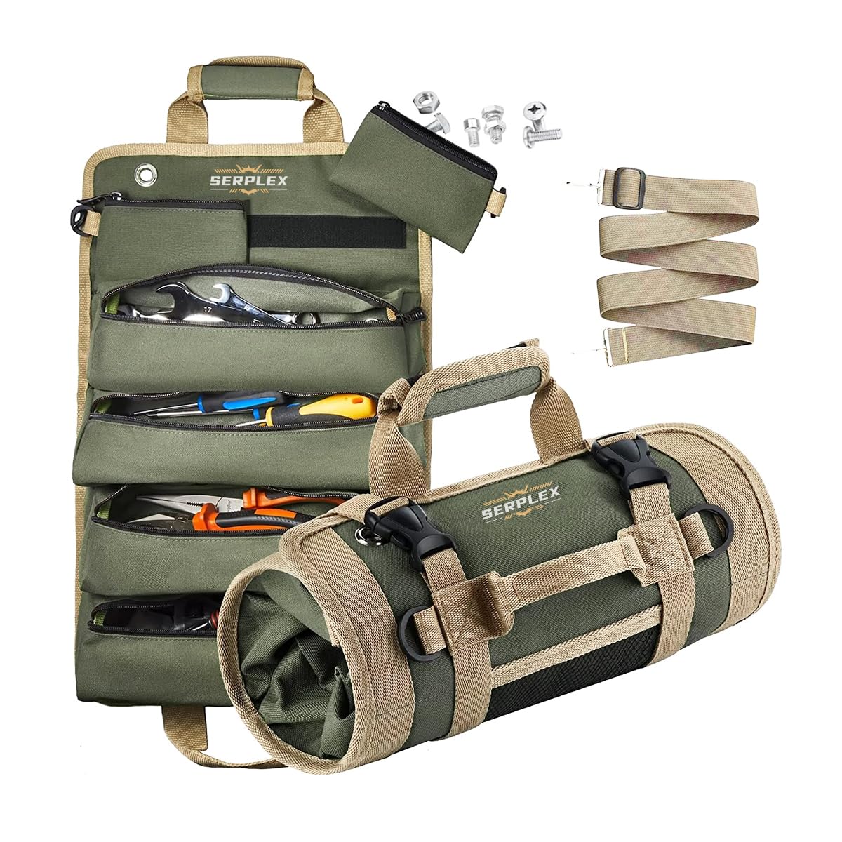 Serplex Tool Bag for Technicians and Mechanics with 4 Pockets & Detachable Zipper Pouch | 900D Oxford Roll Up Organizer