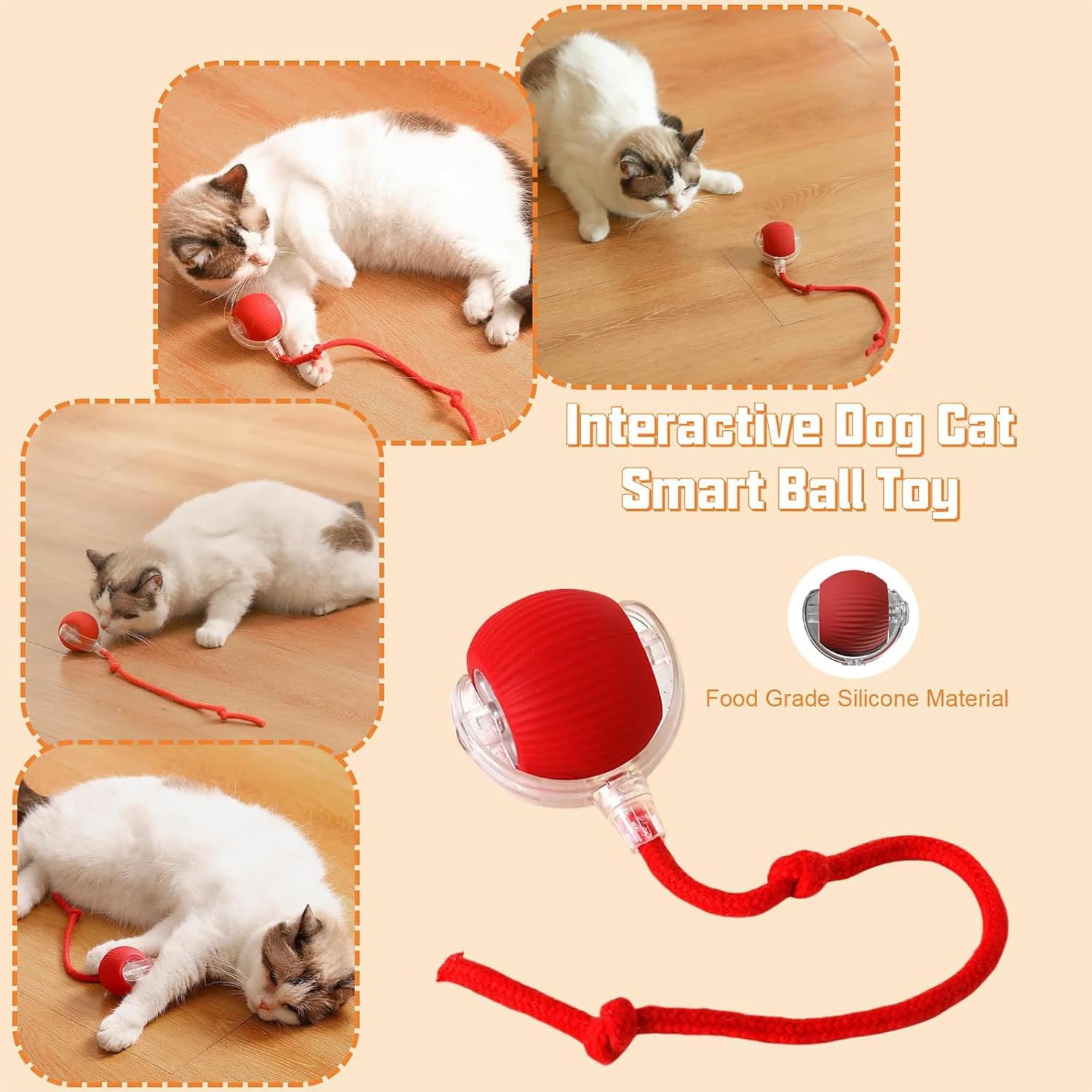 ZIBUYU Rolling Ball Interactive Cat Toy for Dogs and Cats with Tail Rope and USB Rechargeable Play | Smart Multi Speed Silicone Ball for Active Pets