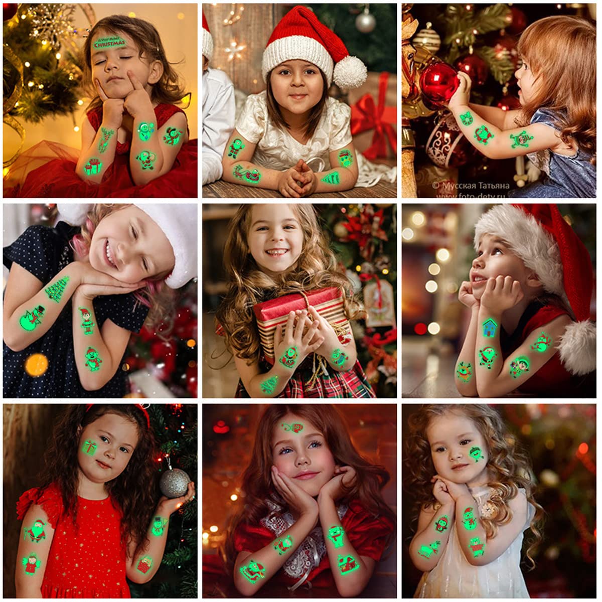 MAYCREATE Temporary Tattoo Stickers for Kids with Waterproof Glow Effect 10 Sheets | Christmas Party and DIY Crafts