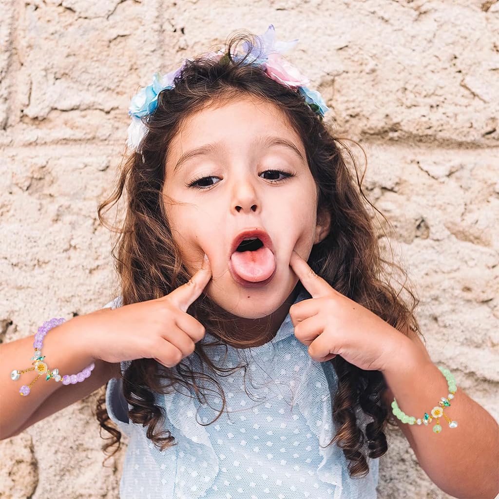 Venzina Beads Bracelet Set for Girls with Floral Charms and Elastic String | 12PCS Friendship Jewelry
