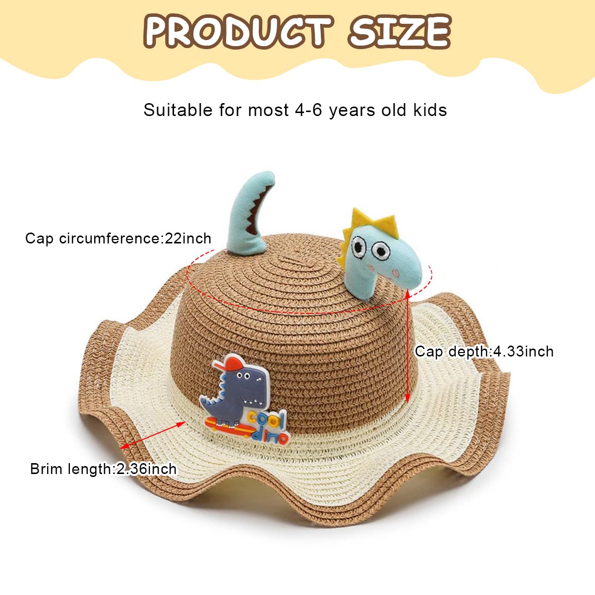 Zibuyu Summer Straw Hats for Kids with Cute Cartoon Design and Ruffled Rim | Brown 4–6 Year-Old Boys and Girls