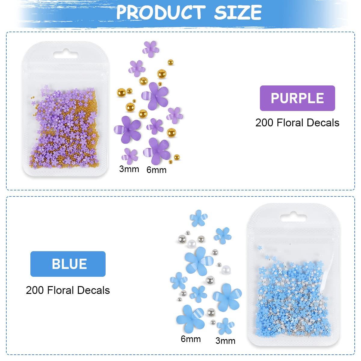 MAYCREATE 3D Flower Nail Charms for DIY Nail Art with 400 pcs Acrylic Decals | Blue and Purple Designs