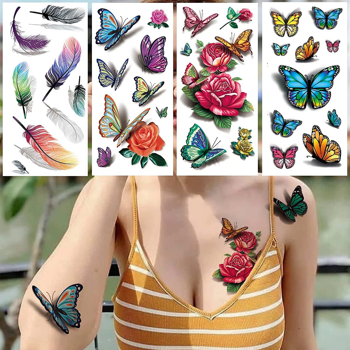 MAYCREATE 40 Sheets Waterproof Temporary Tattoos Sticker for Women Color Flowers Tattoo Sticker Temporary Tattoos Stickers Roses Butterflies Assorted Tattoo Sticker for Arm Multi