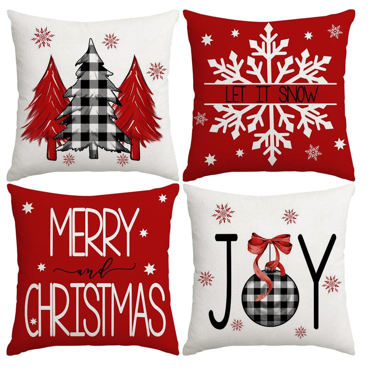 HASTHIP® 4Pcs Christmas Square Pillow Covers 15.7 inches Square  Linen Printed Pillow Cover Classic Christmas Sofa Pillow Covers Square  Pillow Covers for Christmas