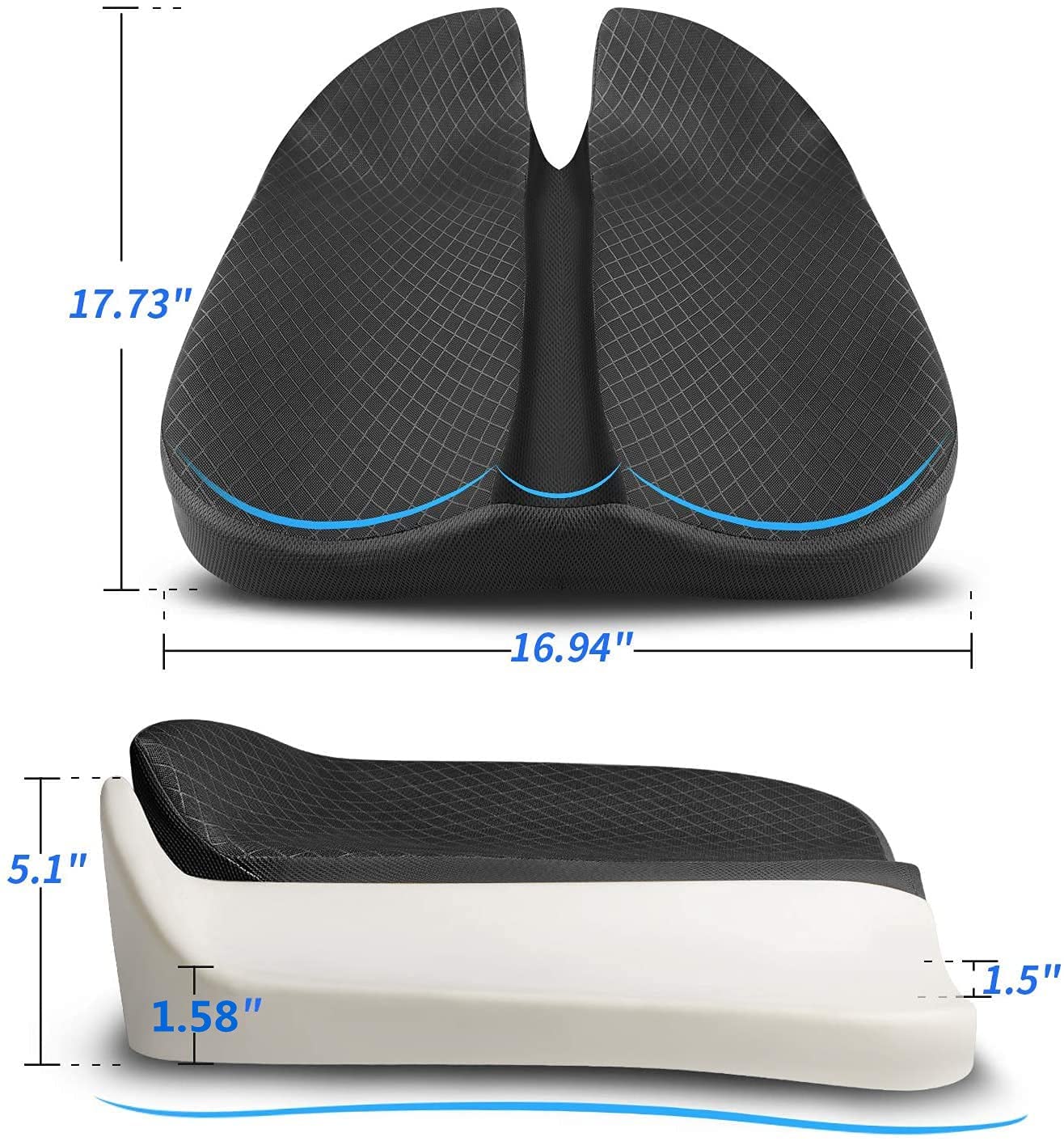 Memory Foam Car Seat Cushion for Lower Back Pain Relief with Anti Slip Bottom and Adjustable Belt | 43×47×15cm Breathable Pad for Office Chair and Wheelchair