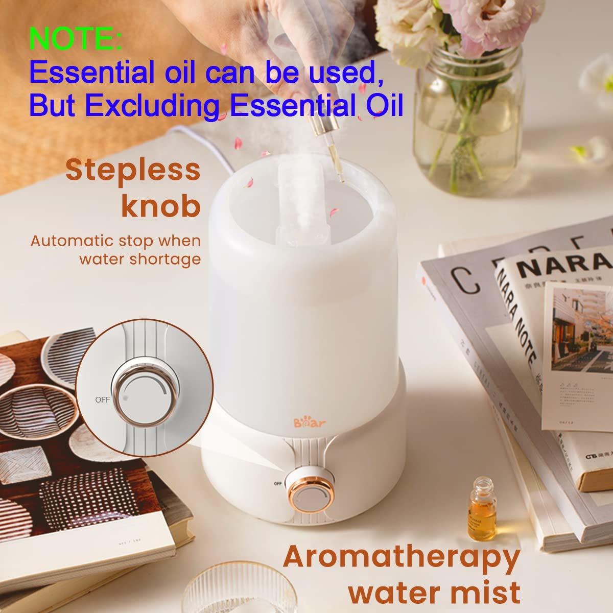 Bear Humidifier for Room and Plants with 1L Tank featuring Stepless Control Knob | 28dB Quiet