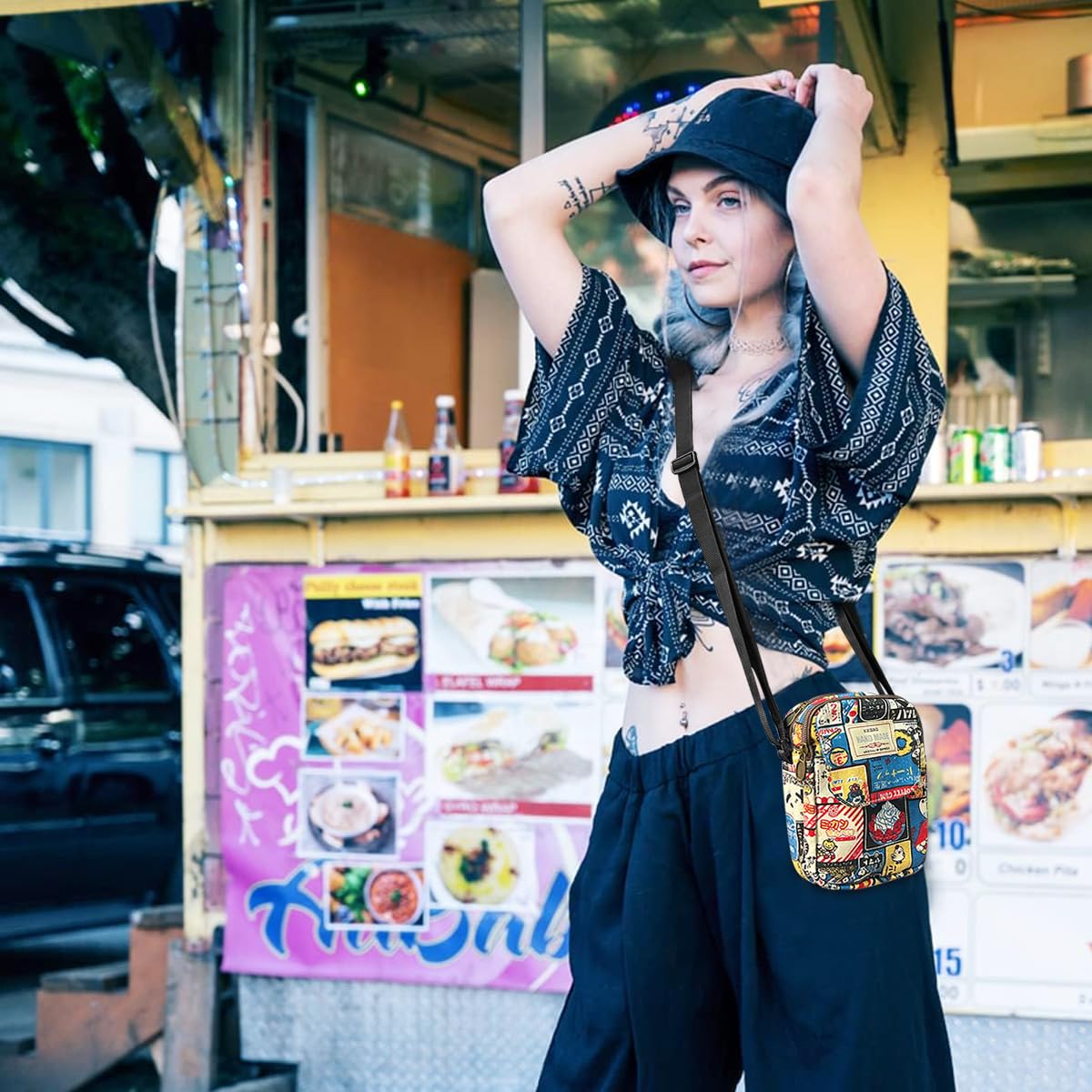 PALAY Cute Canvas Phone Sling Bag for Daily Use with 12x6x17 cm Multi Pocket Design | Vintage Cartoon Print Crossbody Pouch