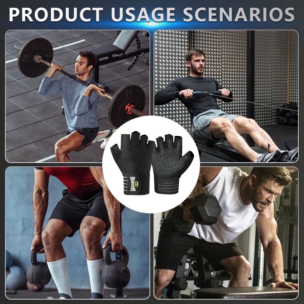 Proberos Fingerless Fitness Gym Gloves for Workout with Padded Palm and Wrist Support | Black L