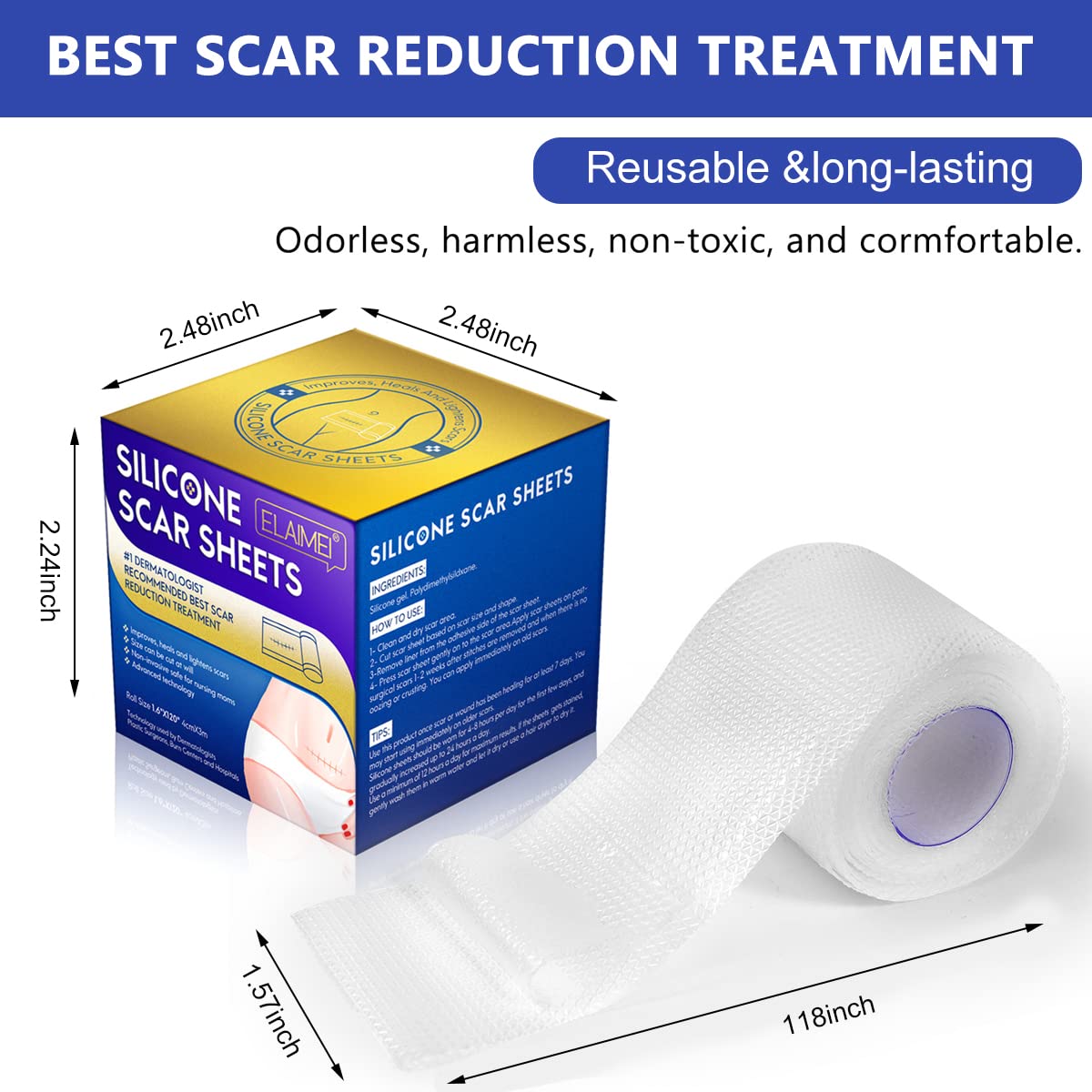 HANNEA® Silicone Scar Sheets, Silicon gel sheets for Scars Transparent Medical Silicone Gel Tape for Scar Removal, Silicone Scar Tape Roll For Hypertrophic Scars and Keloids Caused by Surgery