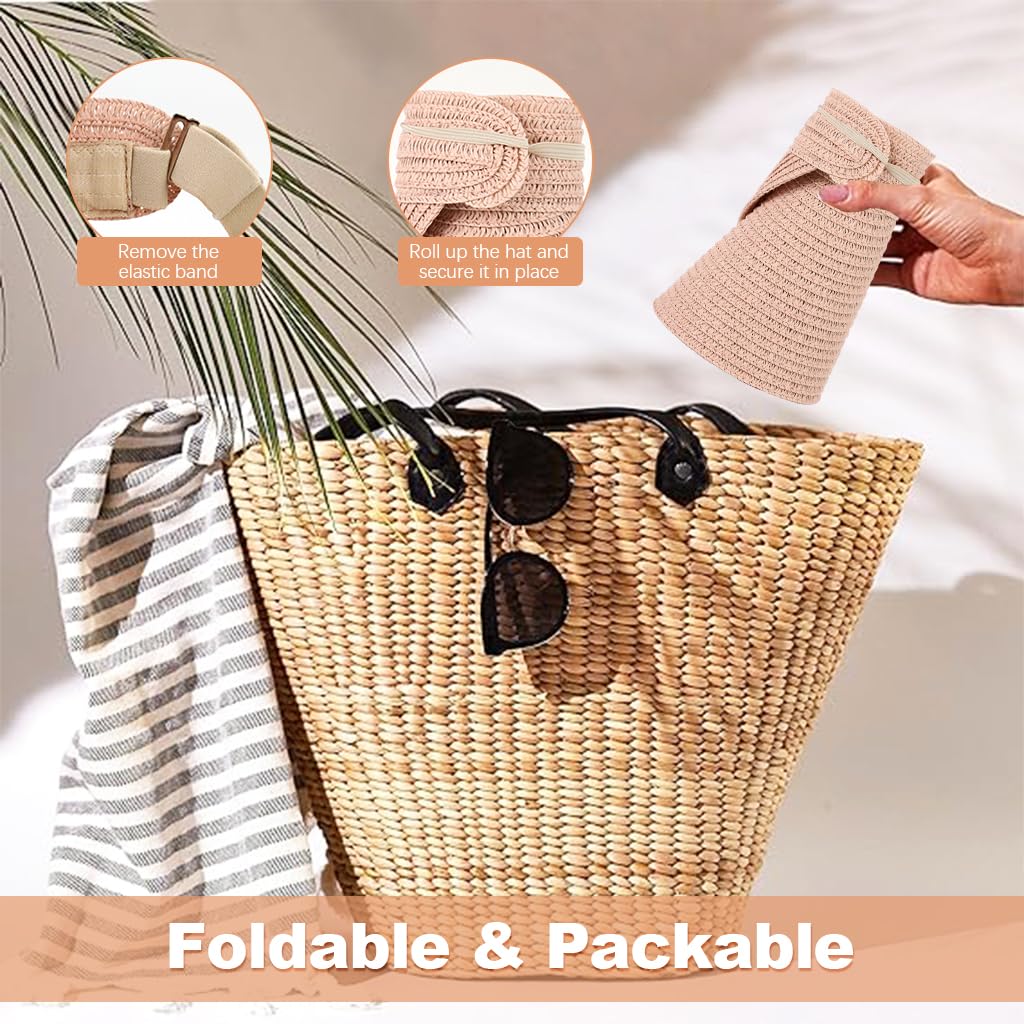PALAY Straw Cap for Women featuring Wide Brim Sun Protection and Packable Pink 2PCS
