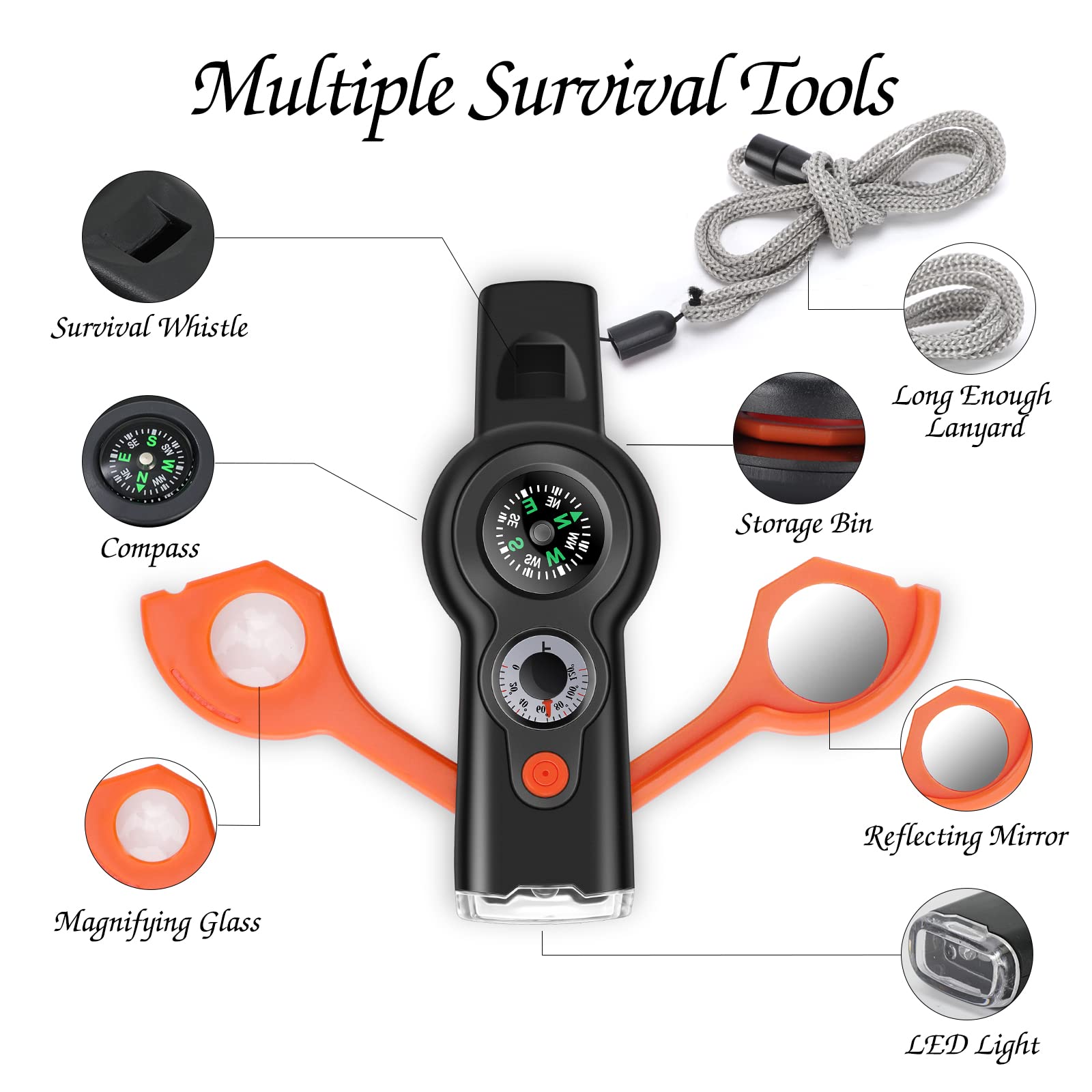 ZIBUYU 7-in-1 Emergency Survival Whistle, Outdoor Whistle with LED, Compass and Thermometer, Ideal for Camping, Hiking, Climbing, Hunting, Fishing, Rescuing, Scout Training