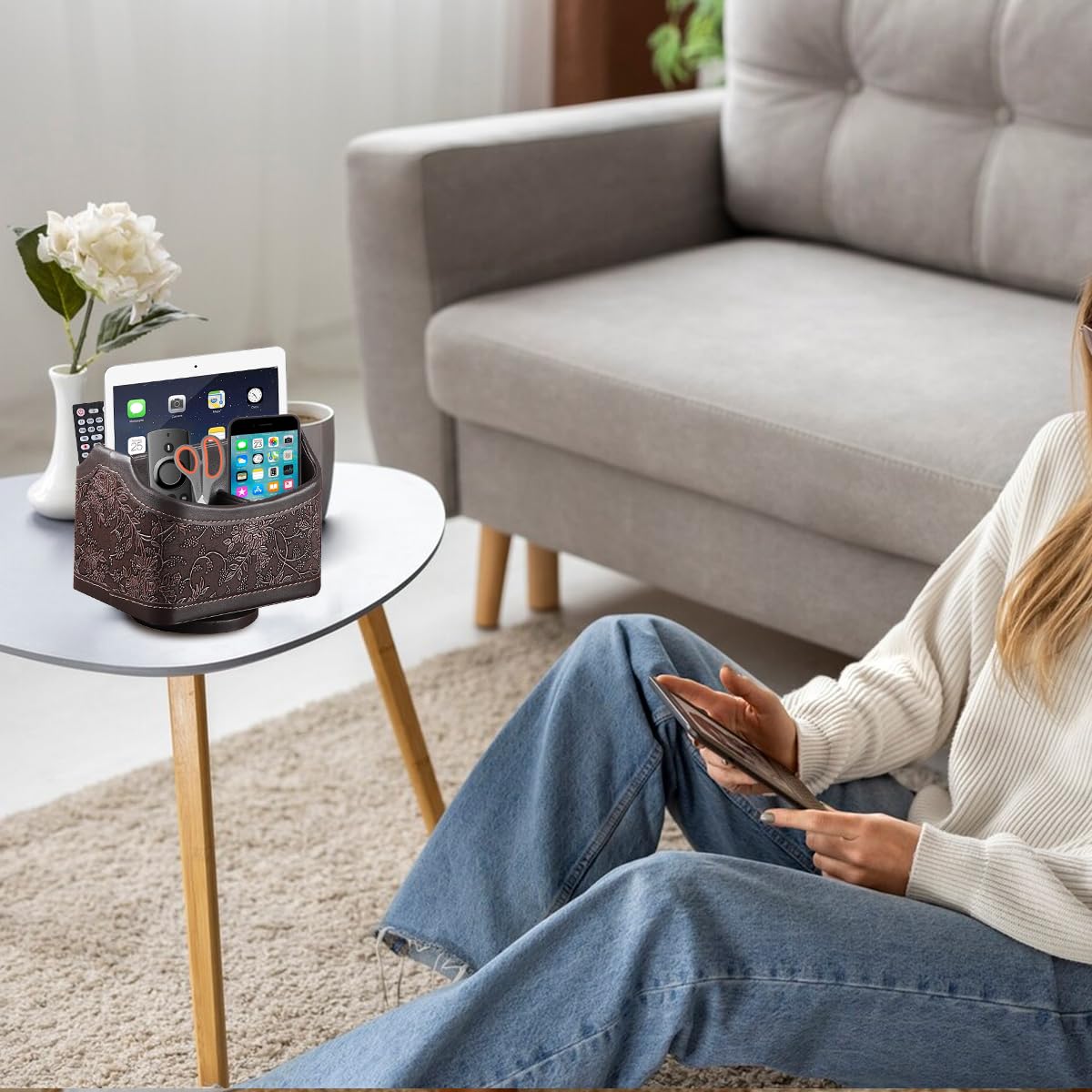 Climberty Desk Organizer with 360 Rotatable Base and Vintage Embossed Brown PU Leather | 17.5x13.5x15.5cm