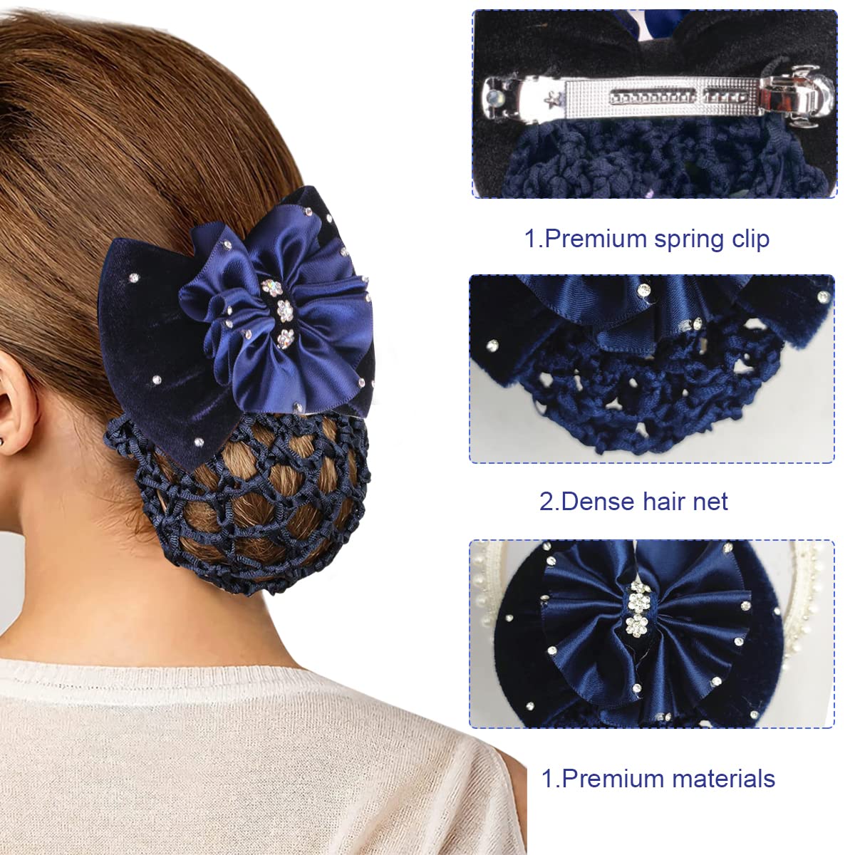 MAYCREATE Hair Bun Cover for Work and Dance featuring Alloy Spring Clip | Blue Knit Mesh Bow Hairnet