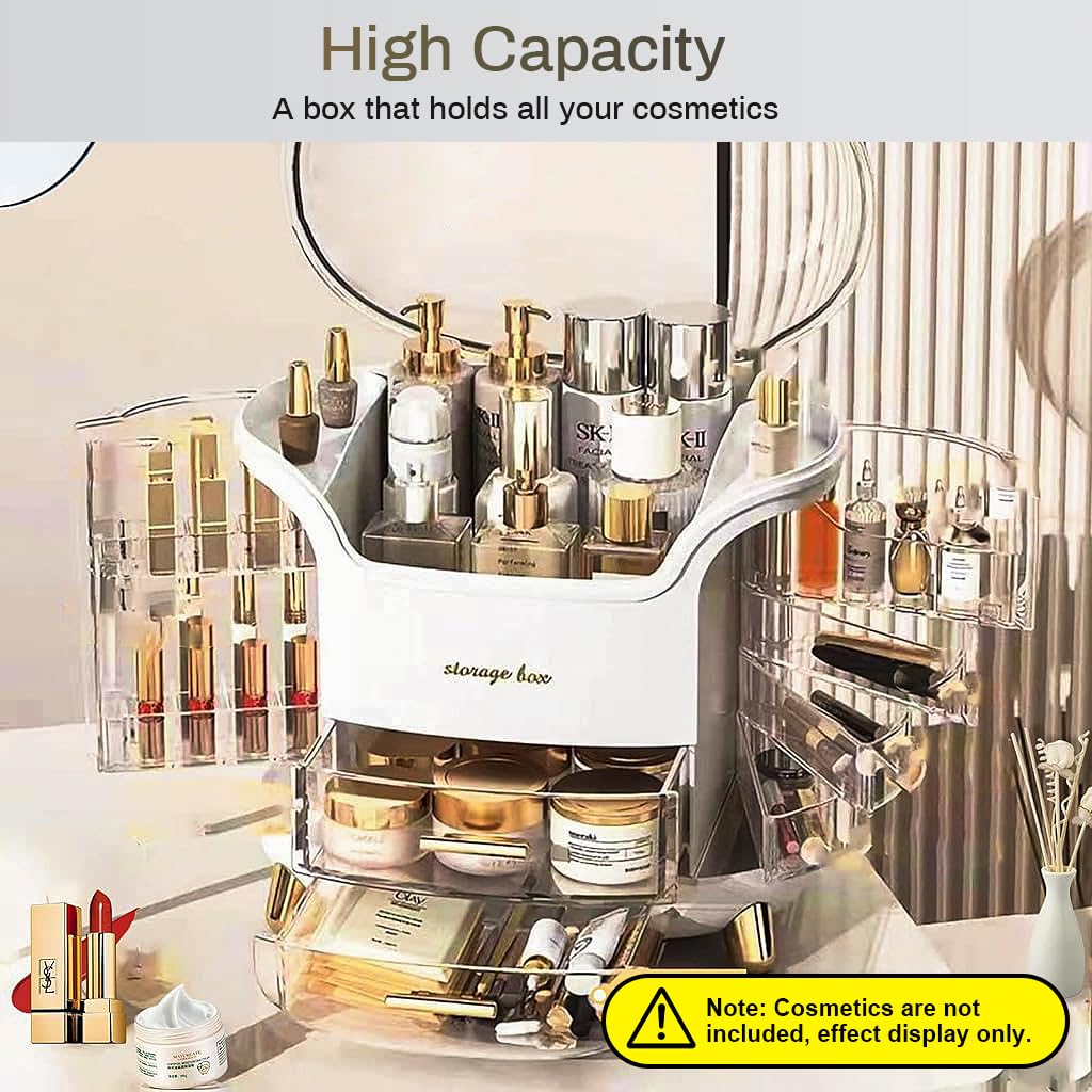 Hannea Makeup Organizer for Dressing Table with 9 Storage Areas and Rotatable Layers | Elegant White ABS Case