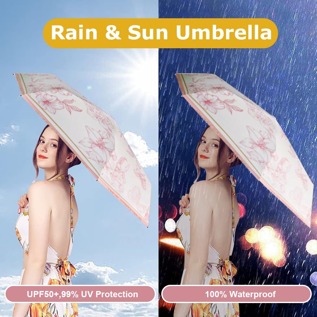 PALAY® Women Sun Umbrella UPF 50+ Sun Protective Sun Umbrella with Black Liner 6 Strong Ribs Design Fashion Floral Folding Umbrella Travel Lightweight Umbrella with Handstrap