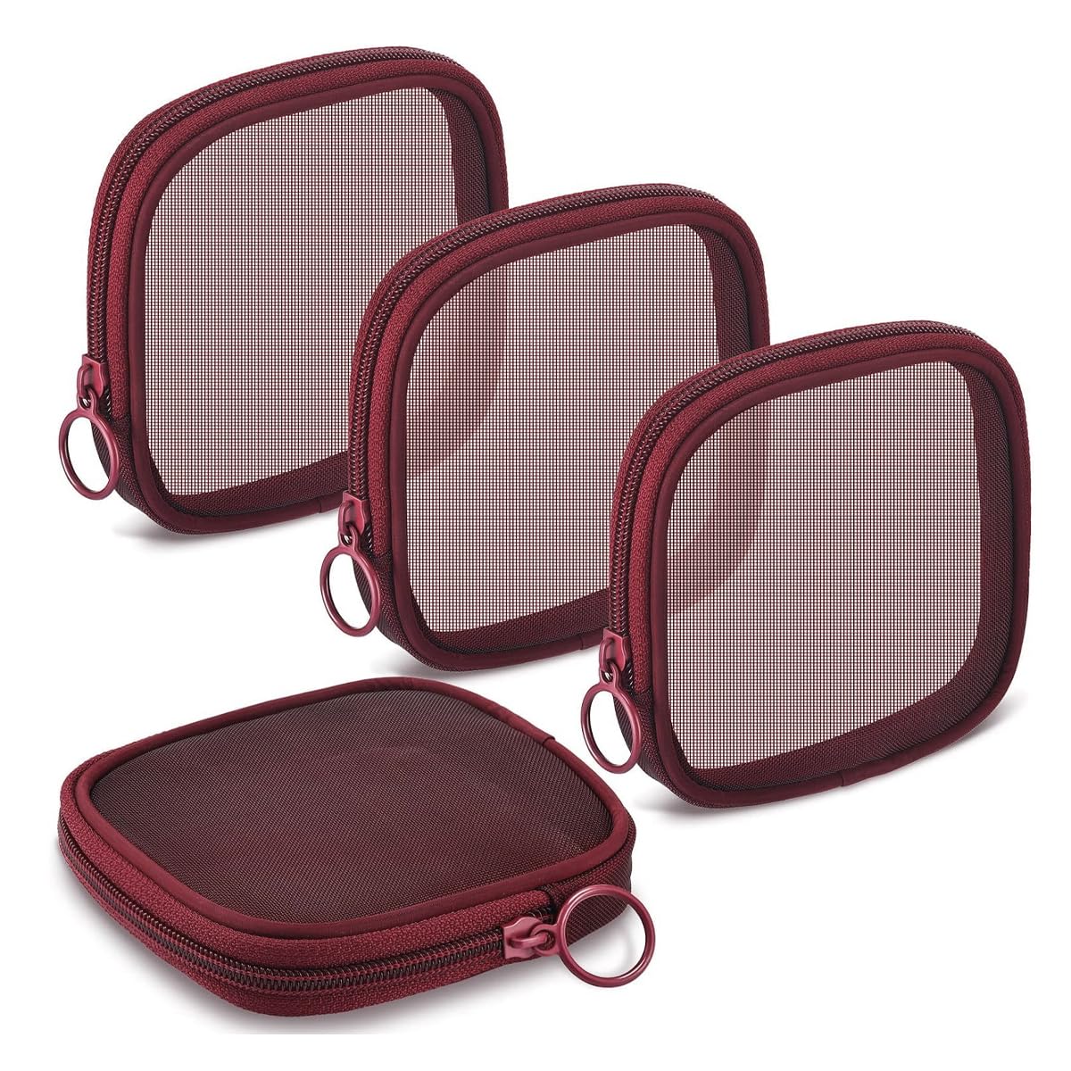 MAYCREATE Mesh Makeup Pouch for Travel with Secure Zipper 4pcs 4.7 in Nylon Bags | Wine Red