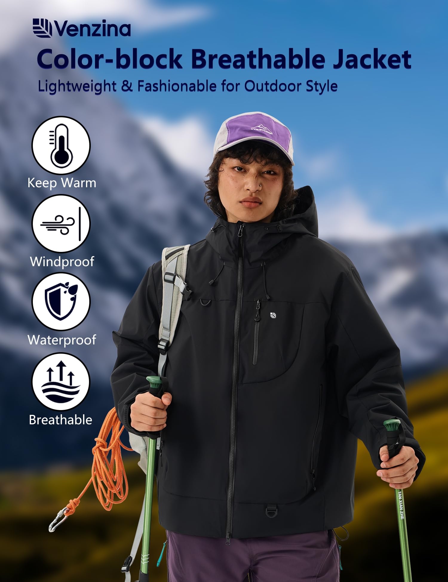 Venzina Men's Waterproof Rain Jacket for Urban Outdoor with Color Block Design | Breathable Windbreaker