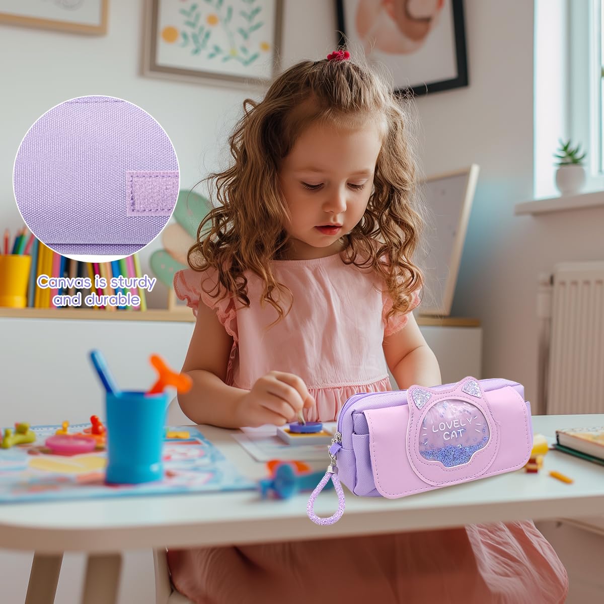 Zibuyu Pencil Pouch for Schoolgirls with Double Layer Zipper and Cute Purple Kitty Design