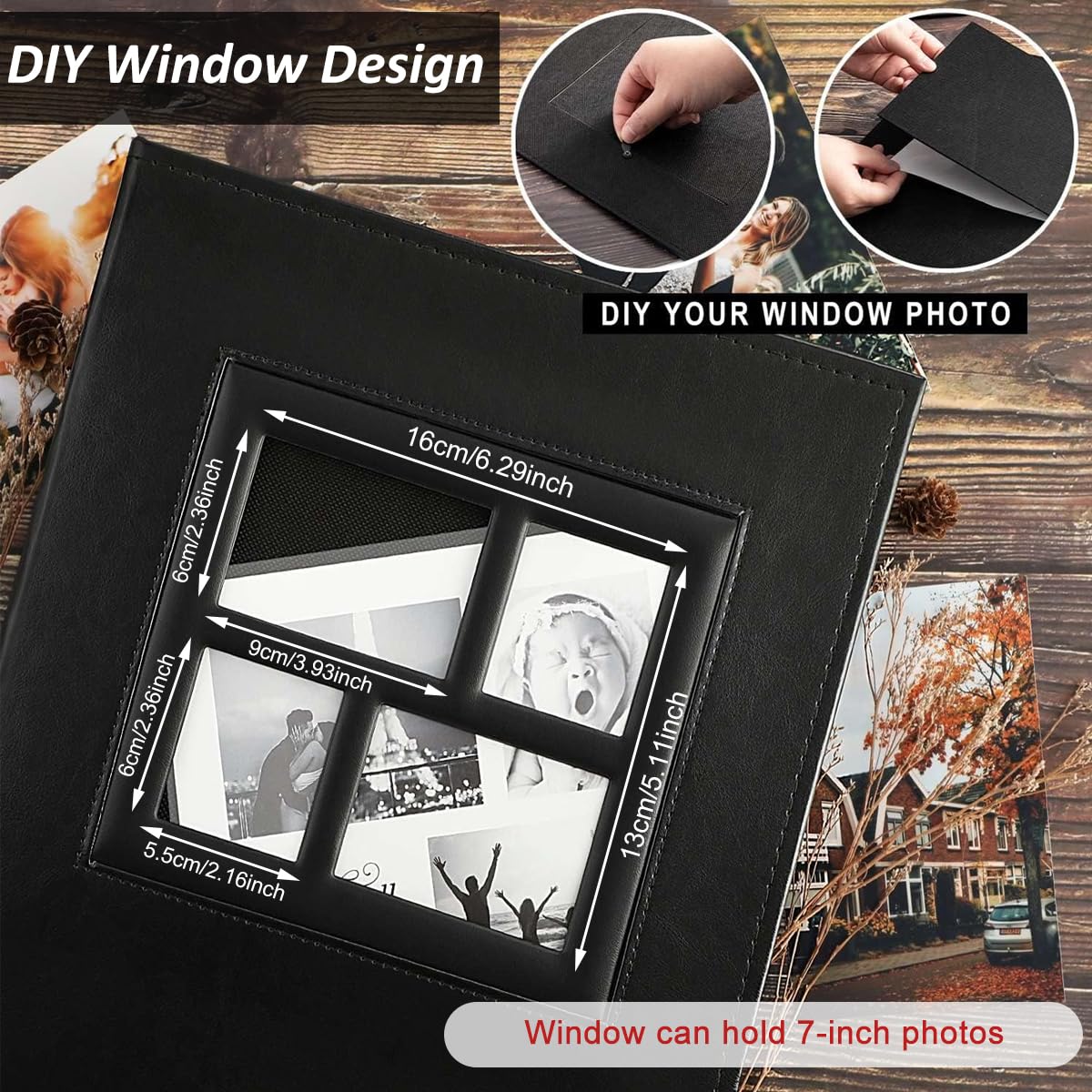 HASTHIP Photo Album Book for Memories with 500 Photo Capacity featuring 4 Clear Windows and PU Leather Cover