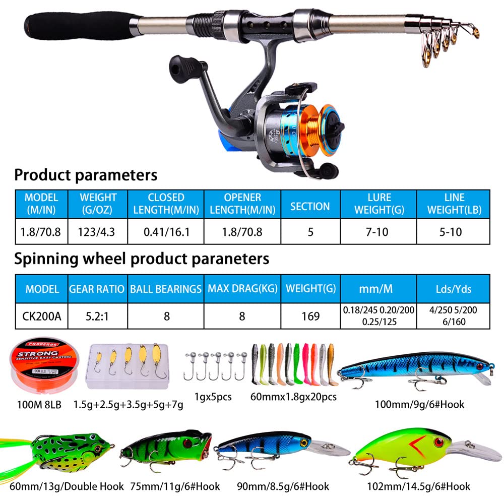 Proberos® 1.8M/7Feet Portable Fishing Rod with Reel Complete Set, Carbon Fiber Telescopic Spinning Fishing Rod Bait Kit Lifelike Artificial Hooks Fishing Lure, Fishing Rod and Reel Full Set