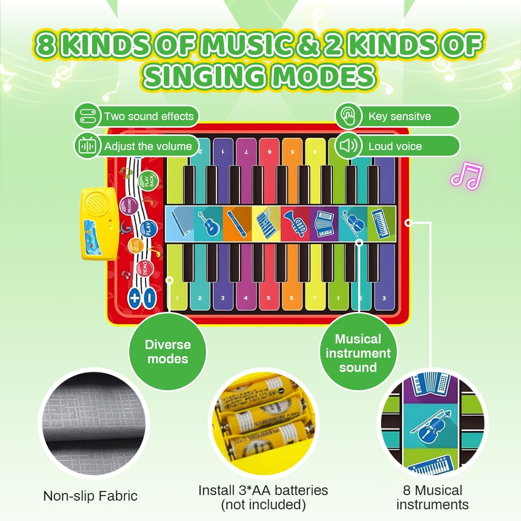 ZIBUYU Piano Keyboard Musical Mat for Kids with 8 Sounds and 6 Modes | 39.37x12.6 in Play Mat