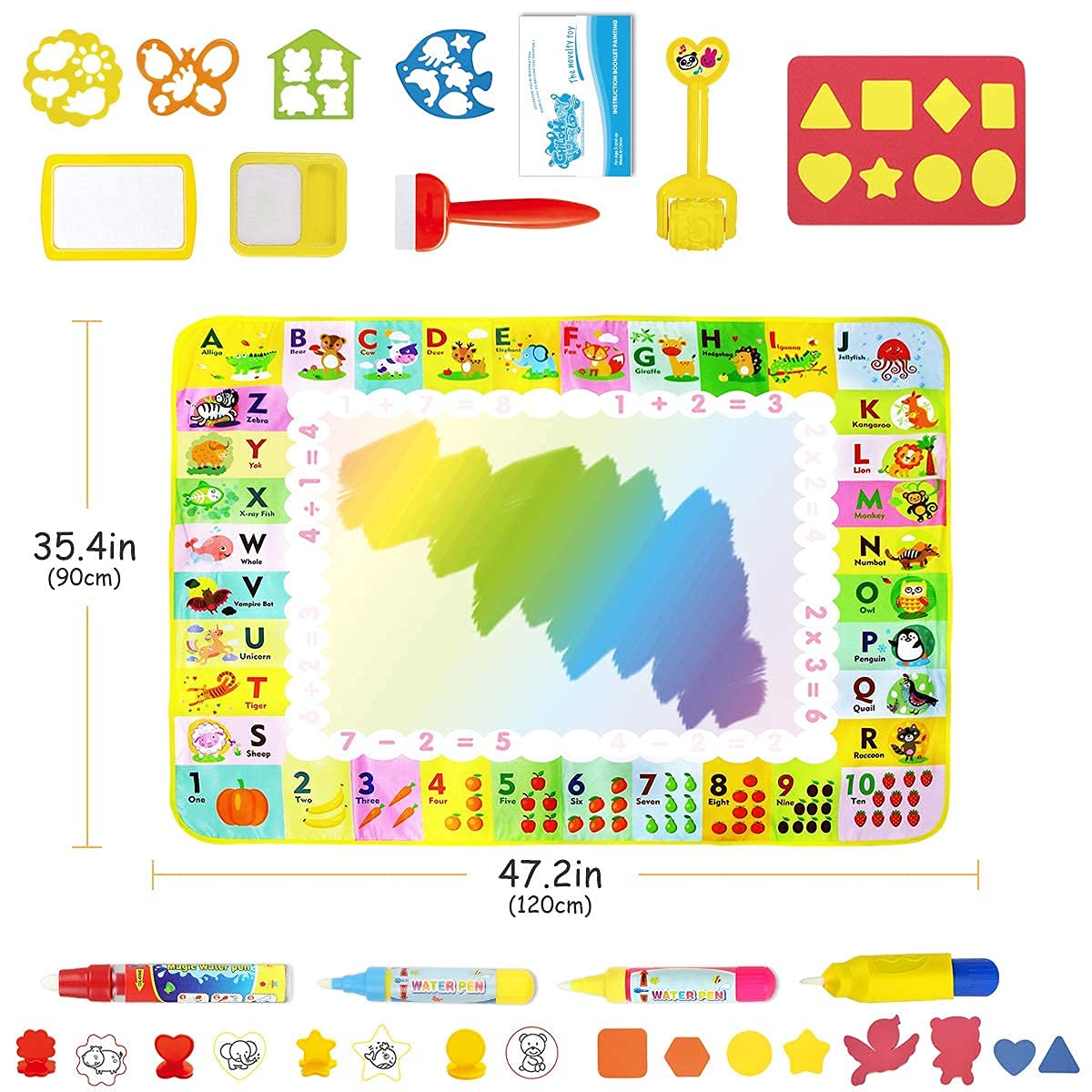 PATPAT® Water Doodle Mat Larger (120 x 90cm) Water Magic Play Mat Reusable Mess Free Drawing Painting Mat Learning Toys for 3+ Year Old Boys Girls Toddlers with Many Interesting Accessories