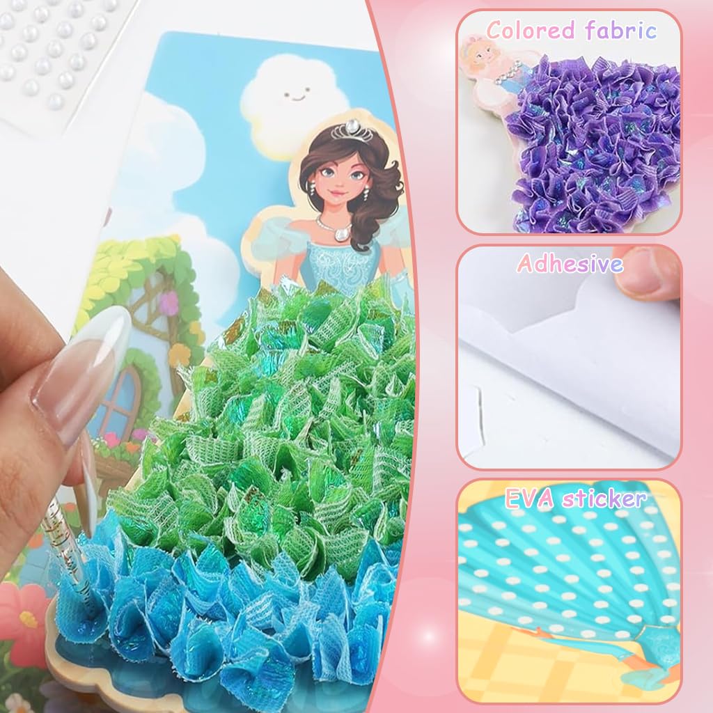 PATPAT DIY Poke-Fun Art Book for Kids with 8 Princess Cards and 800 Dressing Fabrics | Portable Travel Craft Set