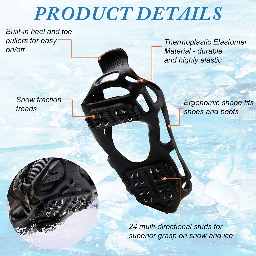 Proberos Ice Cleats for Shoes with 24 Manganese Steel Spikes and Adjustable Straps | Size M 28x11cm