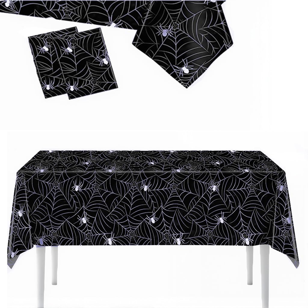 HASTHIP Halloween Tablecloth for Party Decor with Spider Web Design 137x274 cm | 2 Pack Black PE Cover