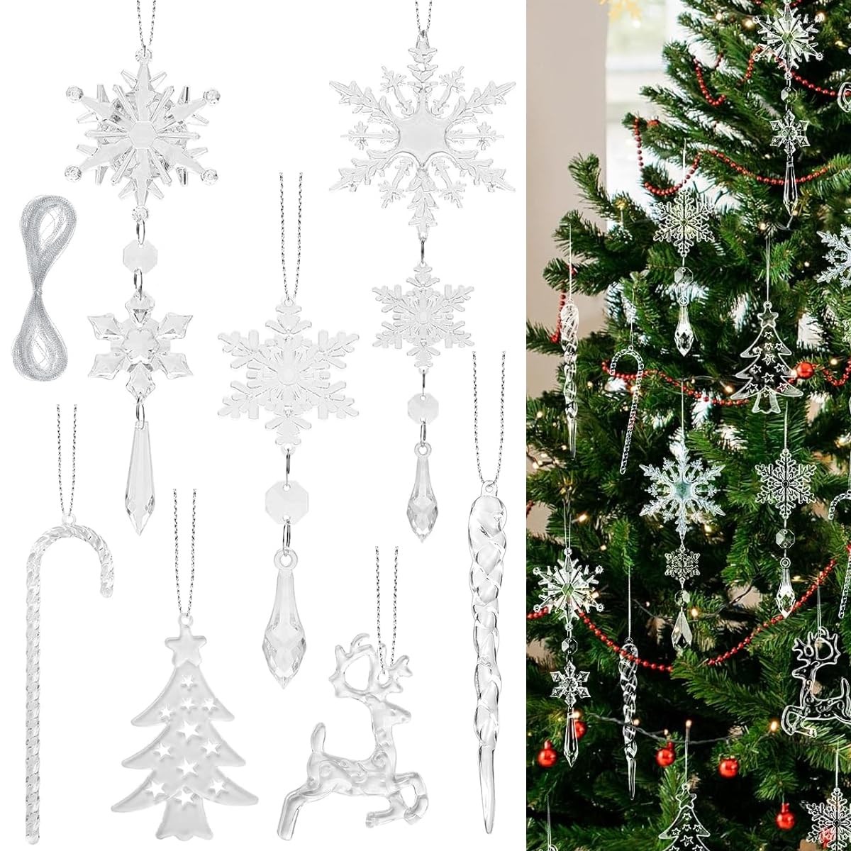 HASTHIP® 18pcs Christmas Ornaments Crystal Acrylic Christmas Tree Ornaments with Hanging Rope Transparent Snowflake Icicle Christmas Hanging Ornament for Christmas Home Decor Christmas Tree Ornaments