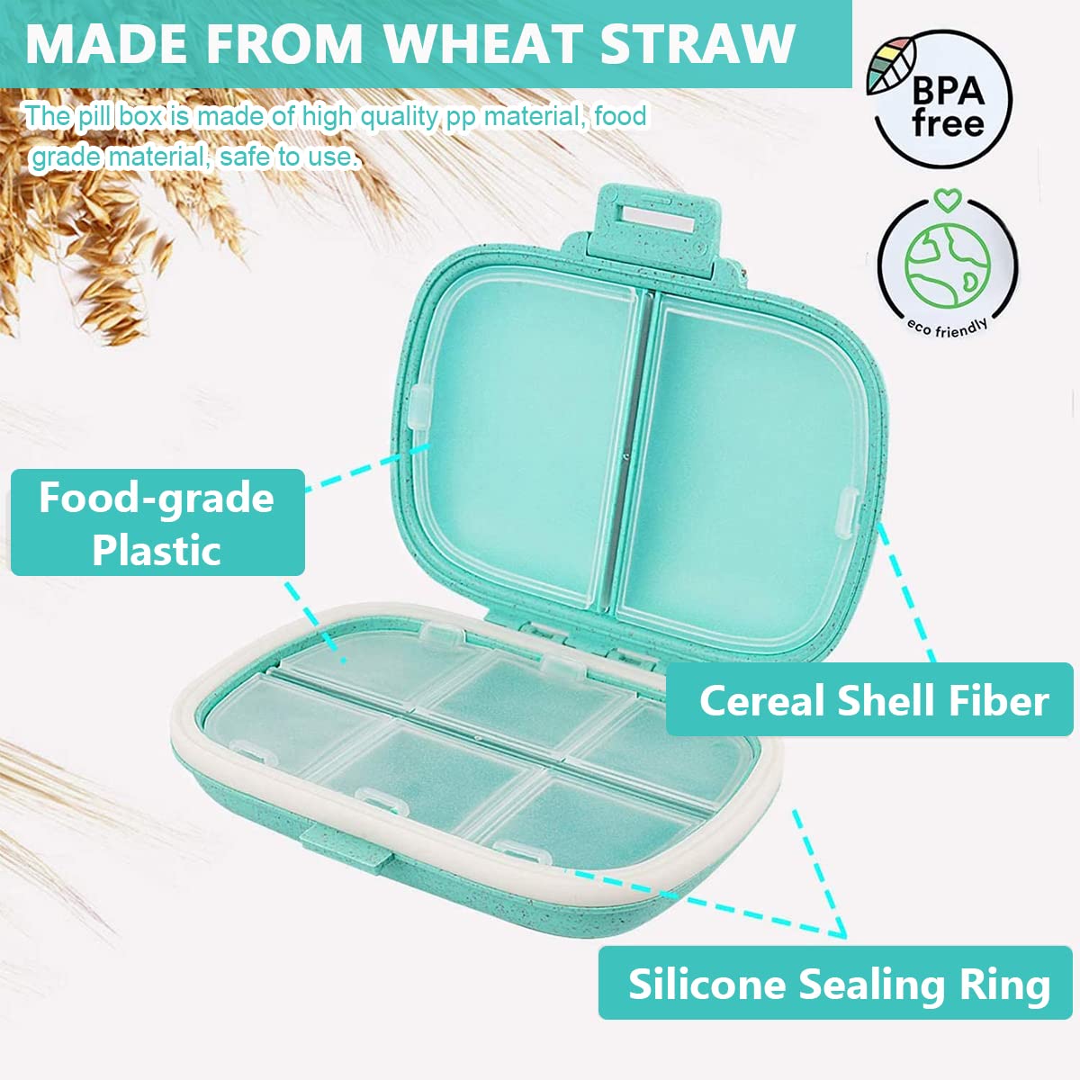 HANNEA Travel Pill Organizer for Daily Use with 8 Compartments featuring Detachable Transparent Case | Moisture Proof PP and Wheat Straw Material