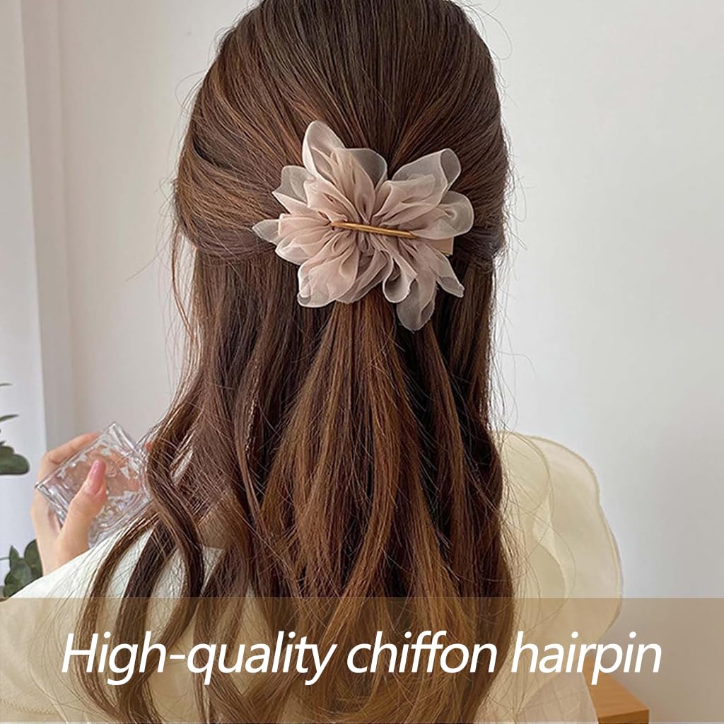 ZIBUYU 3 PC Chiffon Flower Hair Clips for Women with Secure Alligator Clip in White Beige Black
