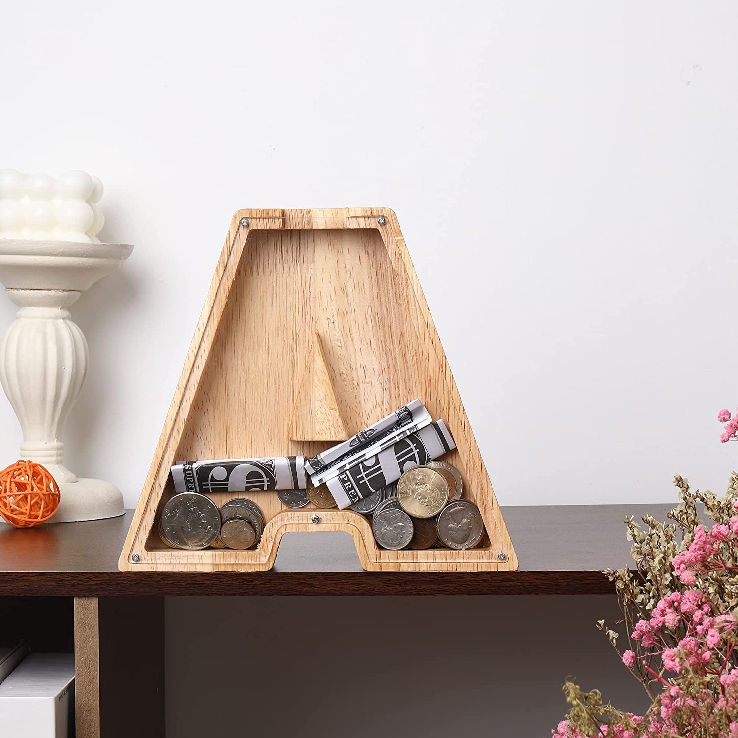 ELEPHANTBOAT Personalized Wooden Letter Piggy Bank for Kids featuring 20×18 cm Size | Transparent Acrylic Window and Screw‑Open Design