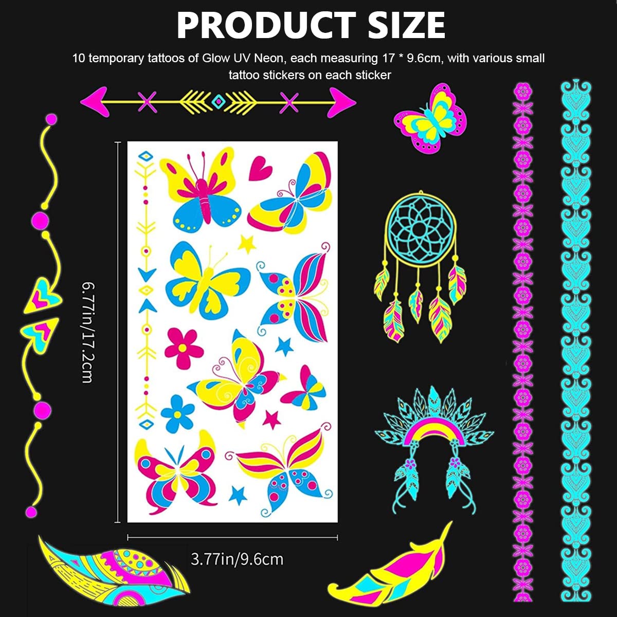MAYCREATE 10 Sheets Temporary Tattoos Sticker Glow in The Dark Assorted Patterns Fun UV Neon Body Face Fake Tattoos for Women Men Rave Festival Party, Waterproof Multi