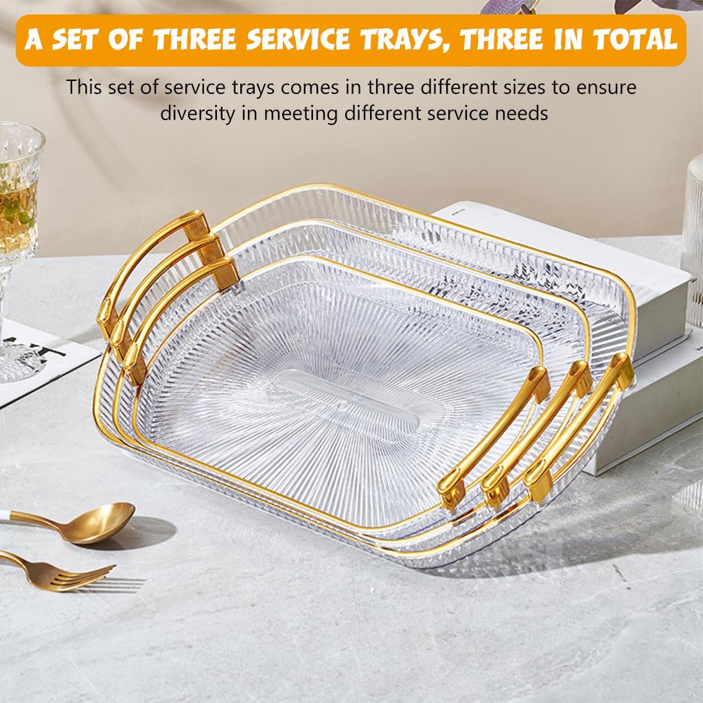 HASTHIP Silicone Round Serving Tray Set of 3 with Golden Handles for Snacks and Fruits | Transparent Resin Design for Elegant Dining
