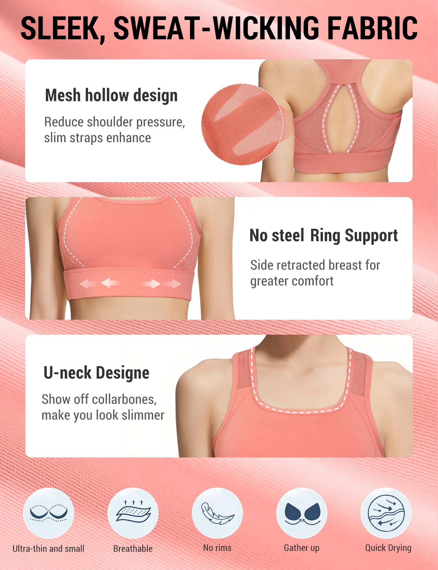 Venzina Sports Bra for Yoga and Running with Breathable Mesh and Removable Pads | Coral Pink
