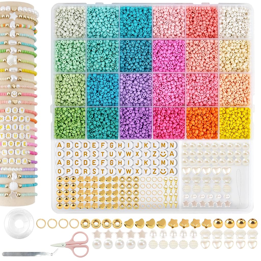 SANNIDHI Glass Seed Beads for Bracelet Making, 24-Color 3mm Beads for Jewellery Making, Bracelet Beads Set, Assorted Beads for Kids Activity, Spacer Pearl Letter Beads Charms DIY Jewelry Making Kit