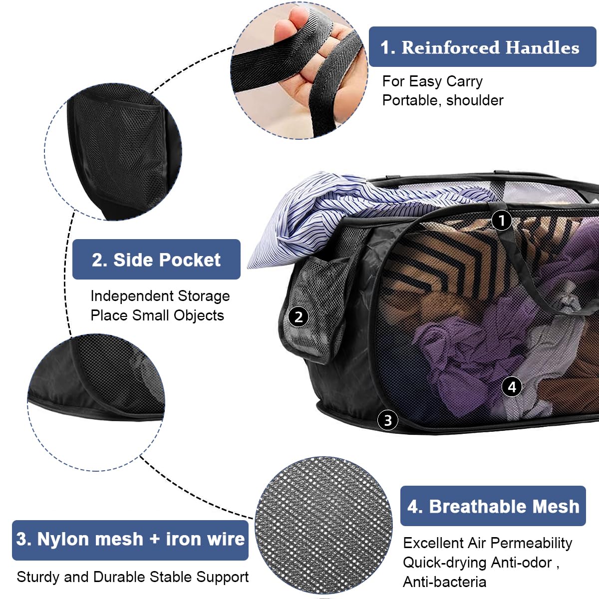 HASTHIP Laundry Basket for Dorms and Travel featuring Collapsible Steel Frame | 22.8 x 14.2 x 14.2 in Black Mesh