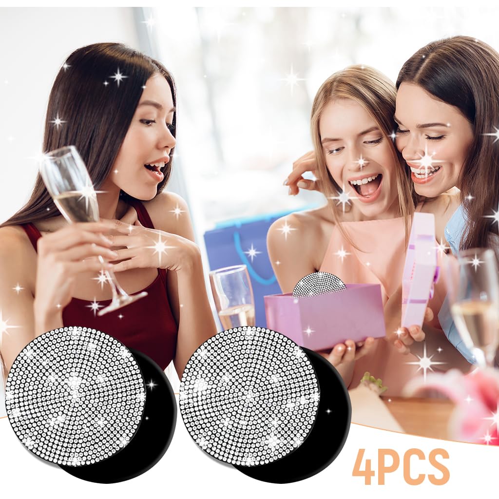 STHIRA Car Cup Holder Coasters 4Pcs Set featuring 2.76 in Anti-slip PVC Rubber | Sparkling Rhinestone Interior Decor