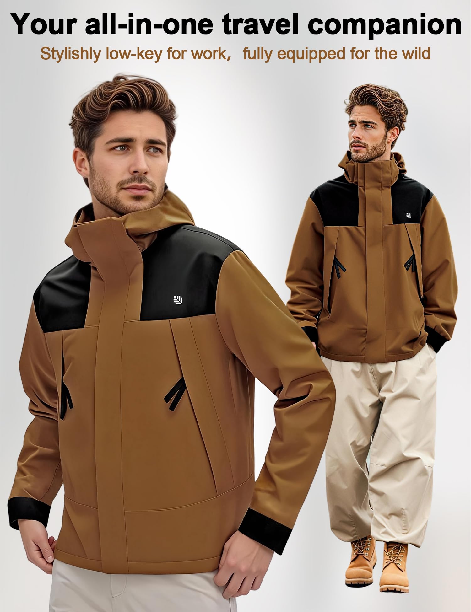 Venzina Men's Hiking Jacket for Trekking and Daily Use with Detachable Hood | Windproof Caramel Windbreaker
